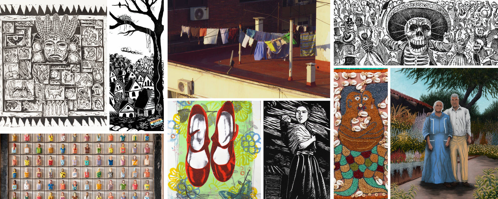 Collage of nine images from the GVSU Art Museum Collection relating to the theme of Latinx Artists.
